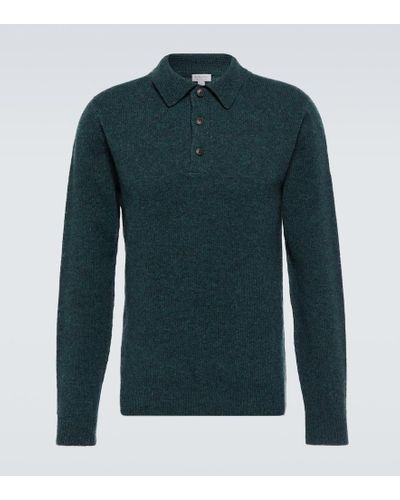 Sunspel Lambswool Long-sleeved Polo Shirt - Green