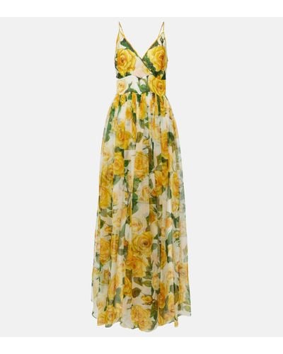 Dolce & Gabbana Robe longue en soie a fleurs - Métallisé