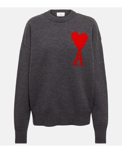 Ami Paris Intarsia-logo Wool Sweater - Gray