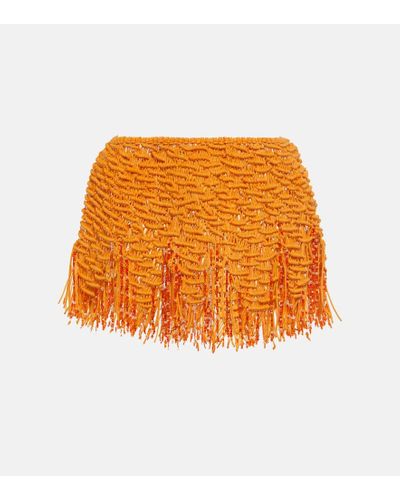 Roberta Einer Beaded Fringed Cotton Miniskirt - Orange