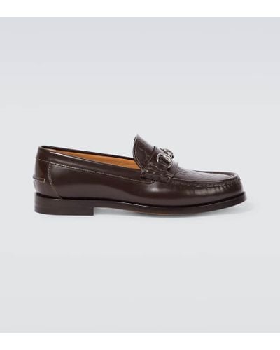 Gucci Horsebit GG Debossed Leather Loafers - Brown