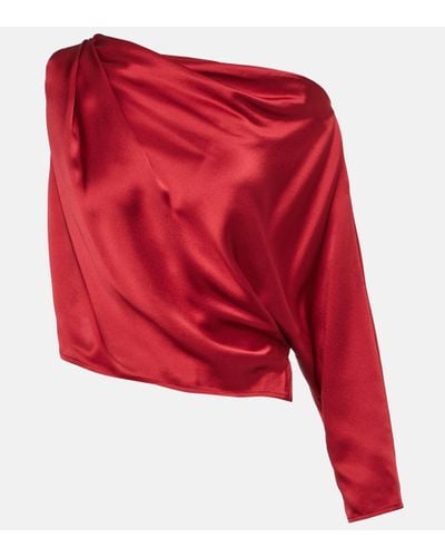 The Sei Draped One-shoulder Silk Satin Top - Red