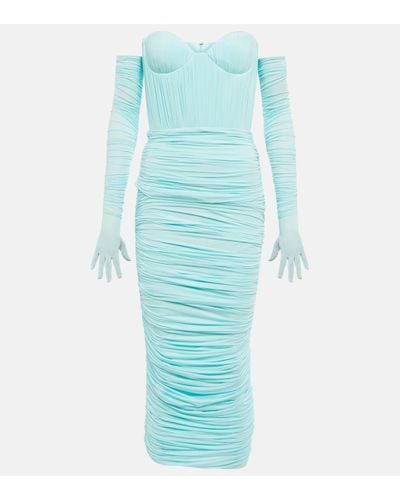 Alex Perry Prescott Ruched Midi Dress With Gloves - Blue