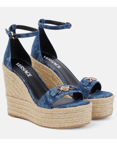 Versace Denim Barocco Wedge Sandals - Blue