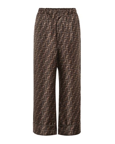 Fendi Printed Silk Wide-leg Cropped Pants - Brown