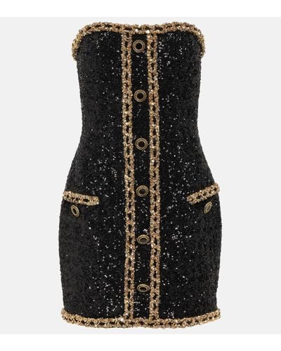 Balmain Mini-robe Bustier En Crêpe Stretch À Sequins - Noir