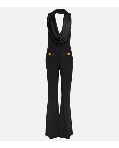 Balmain Cowl Neck Crepe Flare Jumpsuit - Black