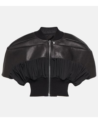 Rick Owens Cropped Textured-leather, Cotton And Crepe De Chine Bomber Jacket - Black