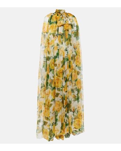 Dolce & Gabbana Floral Caped Silk Chiffon Gown - Metallic