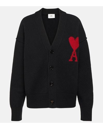 Ami Paris + Net Sustain Intarsia Merino Wool Cardigan - Black