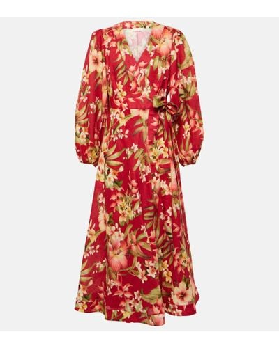 Zimmermann Lexi Floral Linen Wrap Dress - Red