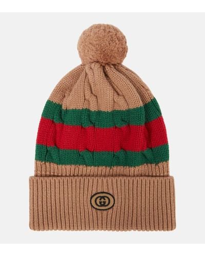 Gucci Pompom-embellished Striped Cable-knit Wool Beanie - Multicolor
