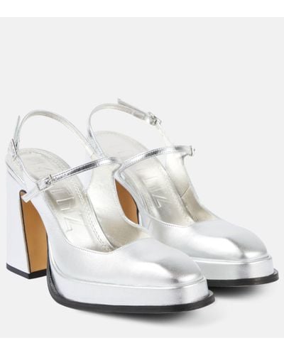 Souliers Martinez Claudia Metallic Leather Platform Court Shoes - White