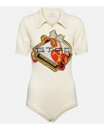 Etro Embroidered Wool And Linen Bodysuit - White
