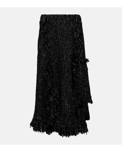 Sacai Fringed Flared Tweed Midi Skirt - Black