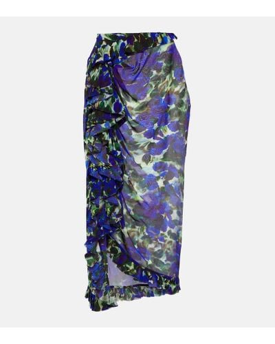 Dries Van Noten Floral Ruffle-trimmed Satin Midi Skirt - Blue