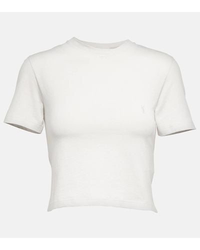 Saint Laurent Cropped Embroidered Cotton-jersey T-shirt - White