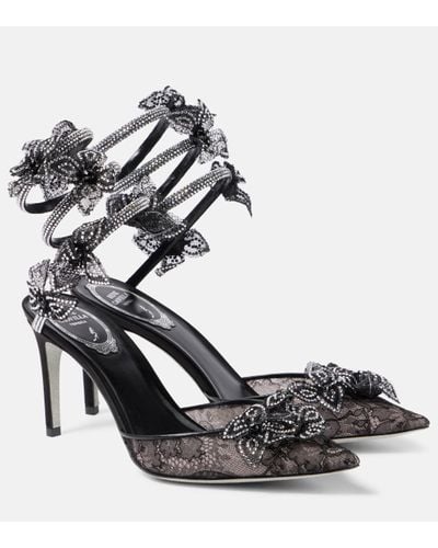 Rene Caovilla Floriane 80 Embellished Lace And Leather Court Shoes - Black