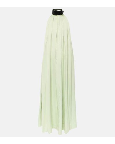 Ferragamo Faux Leather-trimmed Pleated Gown - Green