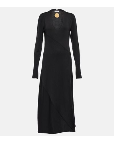 Jil Sander V-neck Virgin Wool Midi Dress - Black