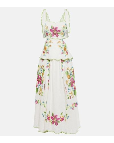 FARM Rio Tropical Romance Floral-Embroidered Linen-Blend Midi Dress - White