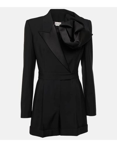 Alexander McQueen Playsuit Aus Wolle Mit Besätzen Aus Satin Und Applikation - Schwarz