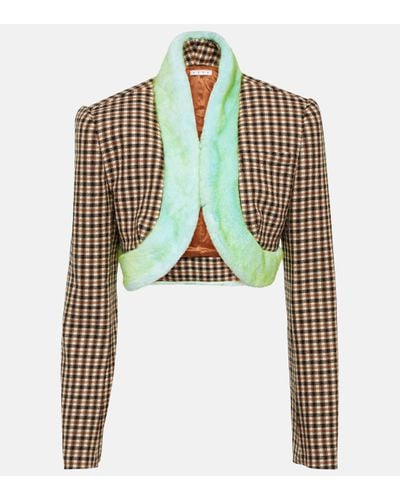 Area Cropped Faux Fur-trimmed Jacket - Green