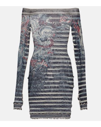 Jean Paul Gaultier Printed Mariniere Tattoo Short Boat Neck Dress - Grey