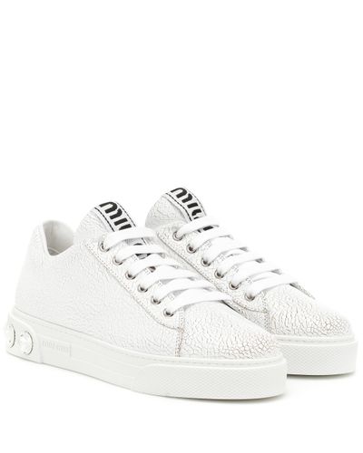 Miu Miu Embellished Leather Sneakers - White