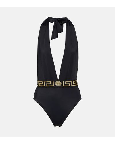 Versace Greca One-Piece Swimsuit With V-Neck - Black