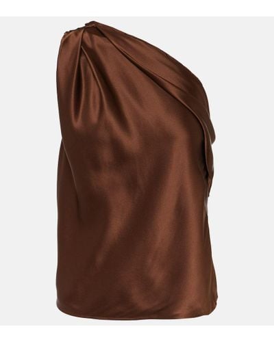 The Sei Draped One-shoulder Silk Satin Top - Brown