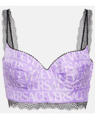 Versace Logo Silk Satin And Lace Bralette - Purple