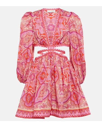 Zimmermann Halcyon Cutout Paisley-print Cotton-voile Mini Dress - Pink
