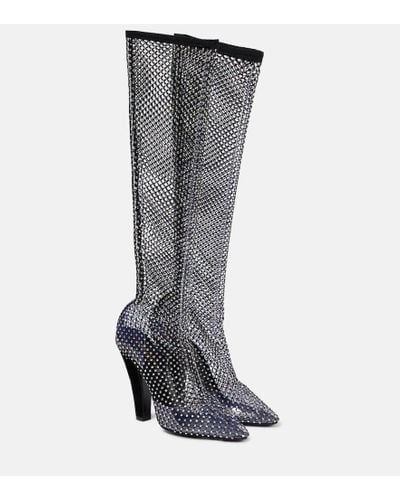 Saint Laurent Kniehohe Stiefel Aus Netzmaterial Mit Velourslederbesätzen Und Kristallen - Grau