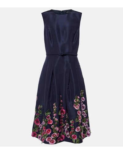 Oscar de la Renta Hollyhock Embroidered Silk Midi Dress - Blue