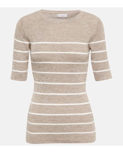 Brunello Cucinelli Striped Linen-blend T-shirt - Natural