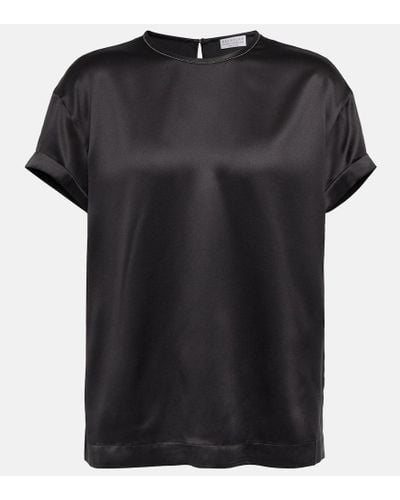 Brunello Cucinelli T-shirt in raso di misto seta - Nero