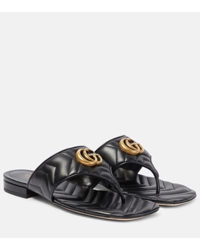 Gucci Double G Leather Thong Sandals - Black
