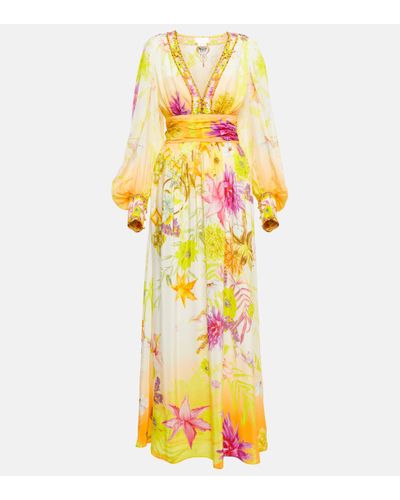 Camilla Floral Embellished Silk Maxi Dress - Yellow