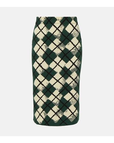 Burberry Checked Cotton Midi Skirt - Green