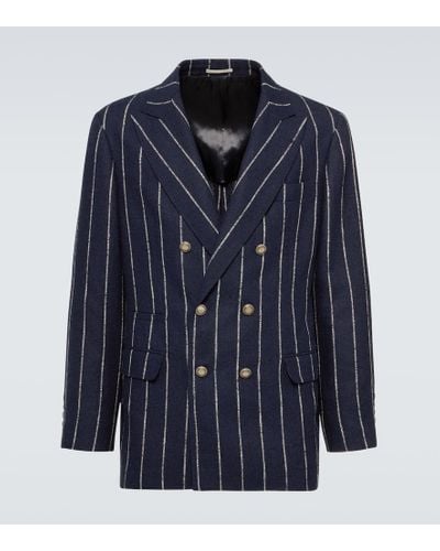 Brunello Cucinelli Chalk Stripe Linen, Wool, And Silk-blend Blazer - Blue