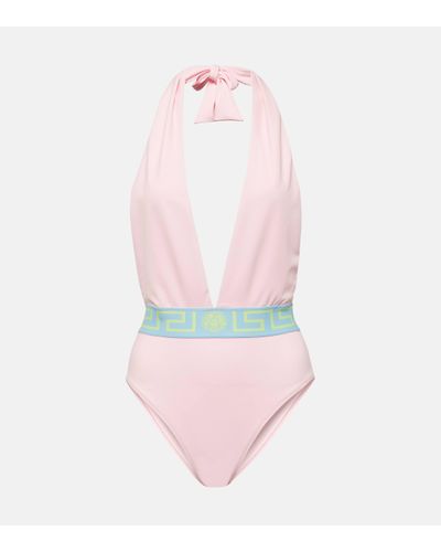 Versace Greca Border Halterneck Swimsuit - Pink