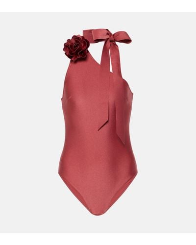 Zimmermann Waverly Floral-applique One-shoulder Swimsuit - Red