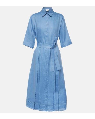 Max Mara Nocino Pleated Linen Midi Dress - Blue