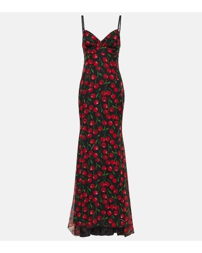 Dolce & Gabbana Abito lungo in chiffon di seta con stampa - Rosso