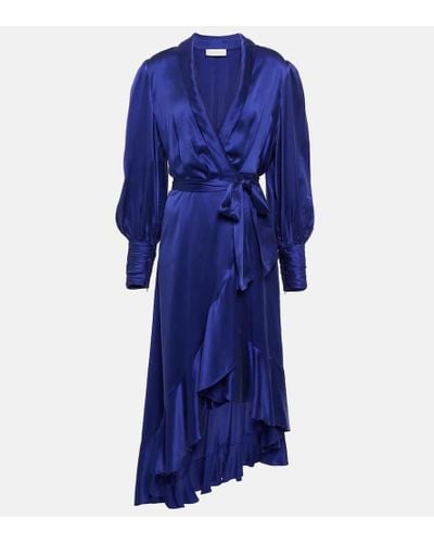 Zimmermann Silk Satin Wrap Midi Dress - Blue