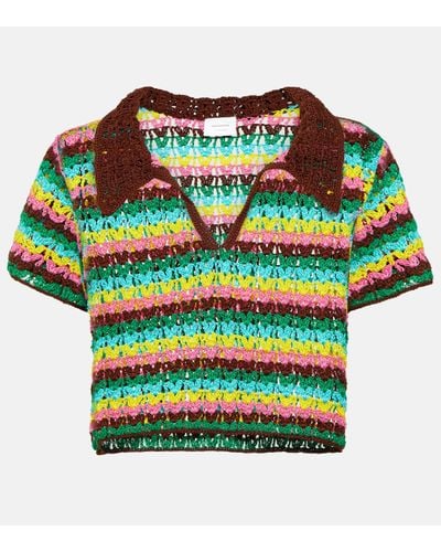Anna Kosturova Striped Crochet Cotton Polo Shirt - Green