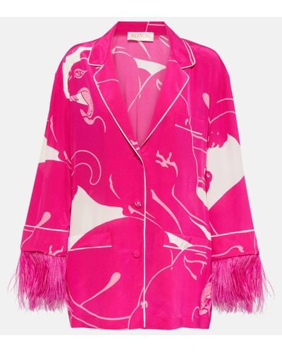Valentino Feather-trimmed Crepe De Chine Blouse - Pink