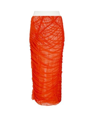 Dries Van Noten Ruched Mesh Midi Skirt - Orange