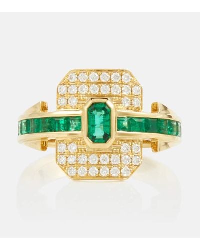 Rainbow K Shield 18kt Gold Ring With Diamonds And Emeralds - White